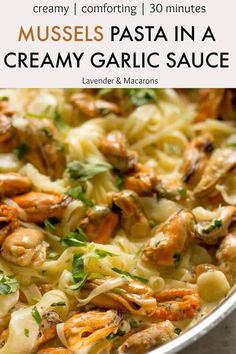 creamy garlic sauce with shrimp and pasta in a pan