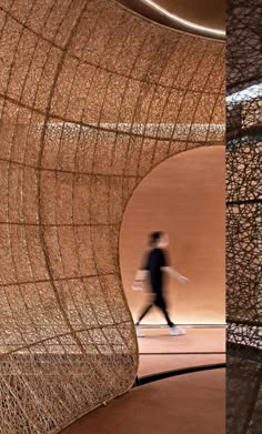 two images of a person walking in front of a structure made out of woven material