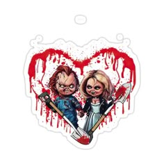 two cartoon characters in the shape of a heart with blood dripping down on them and one holding