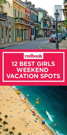 the beach with palm trees and buildings in red book's 12 best girls weekend vacation spots