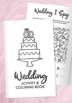 the wedding activity and coloring book is sitting on top of a pink surface with an image of a cake