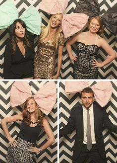 four different pictures of people posing in front of a wall with bows on their heads