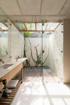 a bathroom with wooden flooring and walls, along with a glass enclosed shower area