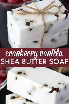 three bars of soap with the words cranberry vanilla shea butter soap on top