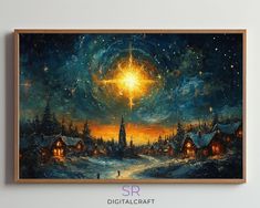 the painting is hanging on the wall next to it's frame and has an image of a star in the sky