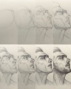 three different views of a man's face and head in various stages of drawing