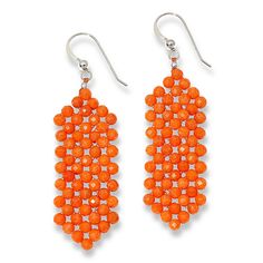 Jay King Faceted Orange Coral Woven Bead Drop Earrings  Tiny, faceted orange coral beads, handcrafted into a woven design, give these dangling earrings a fun, fashionable touch of dimension and color. From Jay King.       Approx. 2-3/8"L x 5/8"W     Stamped .925      Earrings have faceted 3mm orange coral beads woven together in drop design   Stone Information       All sizes and weights approximate     Stabilized Compressed Color-Enhanced Orange Coral - Faceted round (3mm); harvested in Indonesia Bead Drop Earrings, 925 Earrings, Jewelry King, Drop Design, Orange Coral, Color Bands, Beaded Drop Earrings, Woven Design, Brand Me