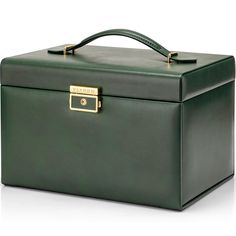 a green leather box with gold handles on the top and bottom, sitting against a white background