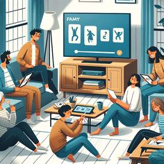 a group of people sitting around a living room watching tv