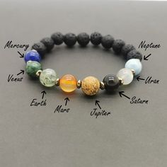 The Handmade Solar System bracelet is the perfect accessory for anyone interested in the energy of the Universe and the planets. Each natural stone on this bracelet is specifically chosen to align with the energy of its respective planet, from Mercury to Neptune. The Lapis lazuli on Mercury represents the planet's energy of communication and creativity, while the Anyolite on Venus helps to bring balance and harmony to your life, reflecting the energies of Venus. The Prehnite on Earth represents Space Bracelet, Planet Bracelet, Galaxy Bracelet, Planet Energy, Solar System Bracelet, Space Lovers Gifts, Ice Giant, Beads Making, Space Lovers