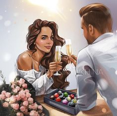 a man and woman sitting at a table holding champagne glasses with candy balls in front of them