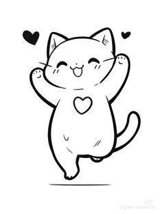 a black and white drawing of a cat with hearts