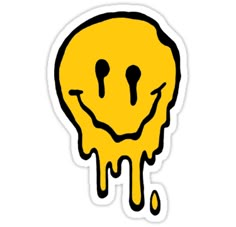 a yellow smiley face with dripping paint on it's surface sticker is shown