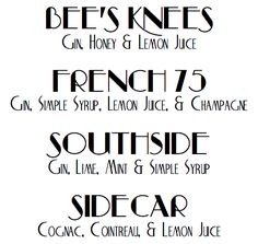 some type of font that is black and white with the words french 75, south side,