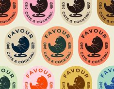 six circular labels with different types of cats and cocktails on them, all in various colors