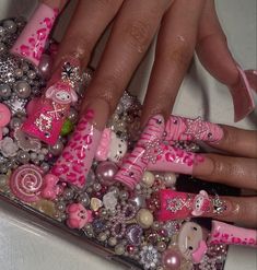 follow for more! Long Duck Nails With Charms, Gyaru Duck Nails, 5xl Nails, Y2k Junk Nails, Acrylic Junk Nails, Clutter Nails, Duck Nail Designs Y2k, Duck Nails Acrylic Y2k, Long Junk Nails