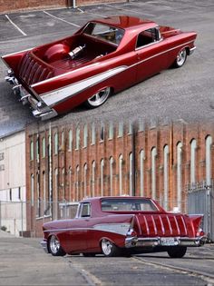 an old red car parked in front of a brick building and another photo of the same car