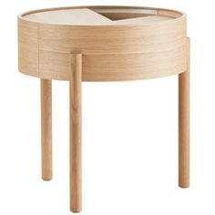 a round wooden table with two legs and a drawer on the top that is open