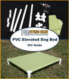 an elevated dog bed is shown in front of the sign and tools needed to build it