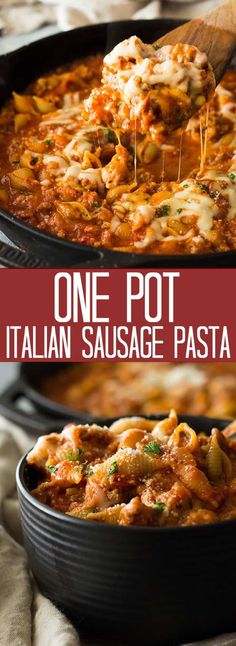 one pot italian sausage pasta in a cast iron skillet