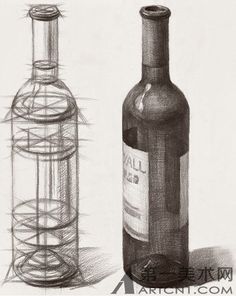 a drawing of a wine bottle next to an empty glass bottle with wire wrapped around it