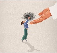 a drawing of a person reaching out to someone's hand with tangled hair on their head