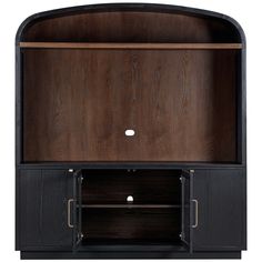 an entertainment center with wooden shelves and doors