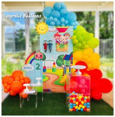 an assortment of balloons and decorations for a children's birthday party or baby shower