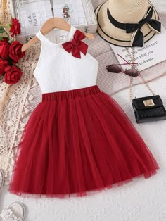 Red and White Party Collar Sleeveless  Colorblock  Embellished Non-Stretch Summer Girls Clothing Red Dress Kids, Skirt And Top For Kids, Red White Outfit, Red And White Party, Red And White Outfit, Christmas Dress For Girls 10-12, Red White Dress, Modern Dans, Baby Girl Skirt Top Design