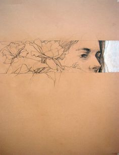 a drawing of a woman's face peeking out from behind a piece of paper