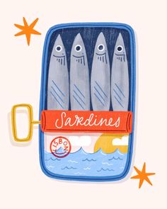 three little fish in a blue case with the word sardines on it