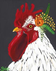 a painting of a rooster with flowers on its head