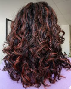 Highlight For Brown Curly Hair, Brown With Red Undertones Curly Hair, Red Hair For Curly Hair, Brown Red Balayage Curly Hair, Wavy Curly Hair Color Ideas, Curly Red Hair Dyed Highlights, Red Curly Hair Balayage, Hair Color For Curly Hair Highlights, Curly Red Highlighted Hair