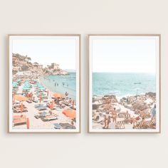 two framed photographs of people at the beach with umbrellas and chairs in front of them