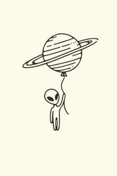 an alien is flying in the sky with a balloon attached to it's head