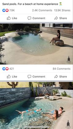 two pictures of people swimming in a pool and one is on the beach at home experience