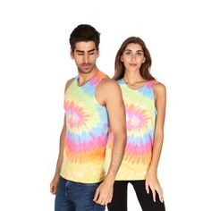 Be the life of the party in Daresay Tees Tie Dye T-Shirts that deliver cool, laid back and colorful vibes to your look. Brighten up your wardrobe with these far out shirts that provide an instant dose of happiness when you wear them. About This Product: 100% Cotton Sleeveless Hand Dyed Available in Adult sizes Small  XX-Large Taped Neck And Shoulders Our Tank Tops are made from soft, lightweight and breathable cotton, which makes it super comfortable in a variety of environments. The comfortable Summer Multicolor T-shirt With Rainbow Print, Fun Multicolor T-shirt For Summer, Summer Tie Dye T-shirt With Rainbow Print, Sleeveless Multicolor Graphic Print T-shirt, Trendy Rainbow Print T-shirt For Summer, Colorful Rainbow Print Summer T-shirt, Multicolor Rainbow Print T-shirt For Summer, Casual Multicolor Tops With Rainbow Print, Casual Multicolor Rainbow Print Tops