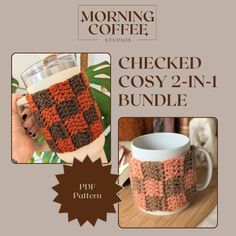 the coffee mug is knitted in brown and orange