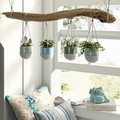 three hanging planters filled with plants on a window sill next to a pillow