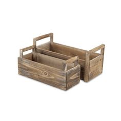 two wooden crates sitting side by side on a white background