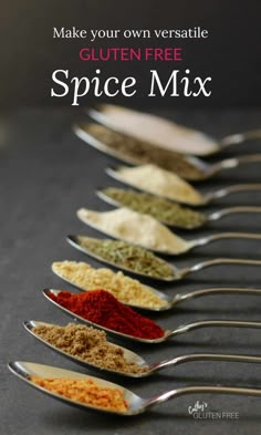 spoons filled with different types of seasoning mix on top of each other and the words gluten - free beef seasoning mix