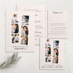 the wedding stationery is laid out on a white surface with greenery and two photos