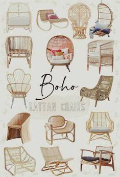 the rattan chairs are all different sizes and colors