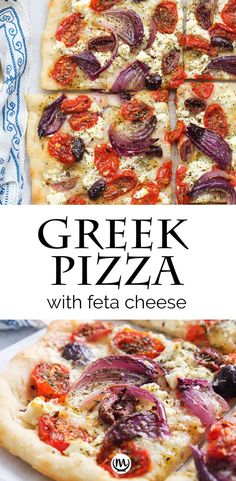 greek pizza with feta cheese and red onions is shown in this advertisement for the restaurant