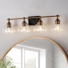 a bathroom vanity with three lights and a mirror on the wall next to a potted plant