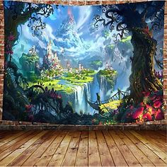 a wall hanging tapestry with an image of a forest and waterfall in the background, on a wooden floor