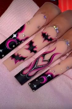 Matte Long Acrylic Nails, Bratz Themed Nails, Goth Long Nails, Fancy Halloween Nails, Monster High Nails Acrylic, Baddie Nail Ideas Long, Goth Barbie Nails, Creepy Nail Designs, Bratz Nails Design