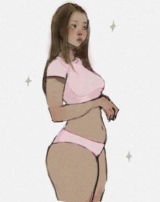 a drawing of a woman in a pink shirt and brown skirt with her hands on her hips