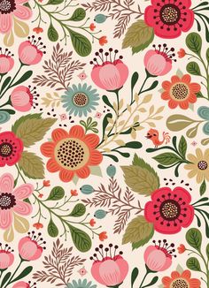 an image of a flowery pattern on a white background with pink, orange and green flowers