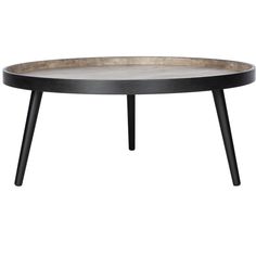 a round table with black legs and a wooden tray on it's end, in front of a white background